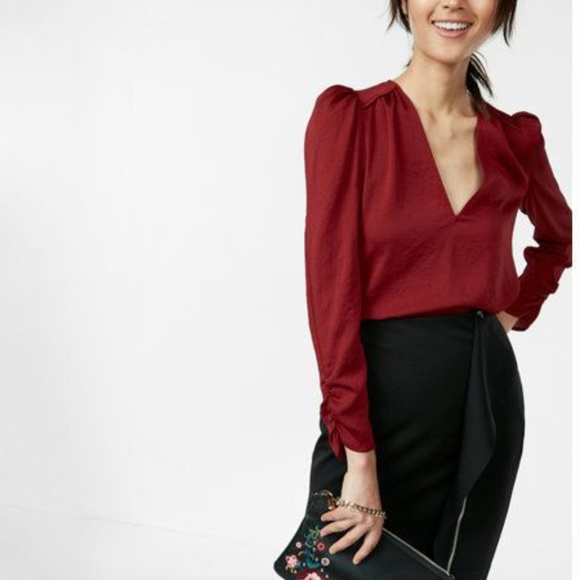 Express Tops - Express Deep V Puff Sleeve Blouse